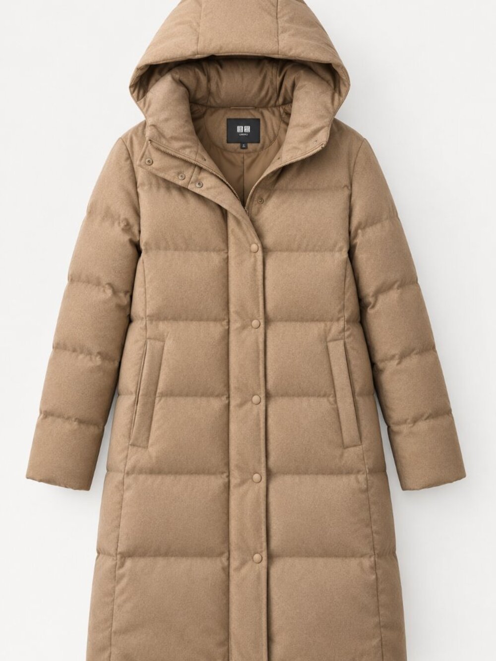 NWT UNIQLO Stretch Down Wool Blend Coat Tan Hooded Longline size S